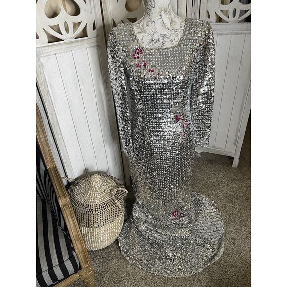 Vintage 60’s 70s Silver Sequin Mermaid Gown Dress Metallic Floral Glam Hollywood - Picture 1 of 12